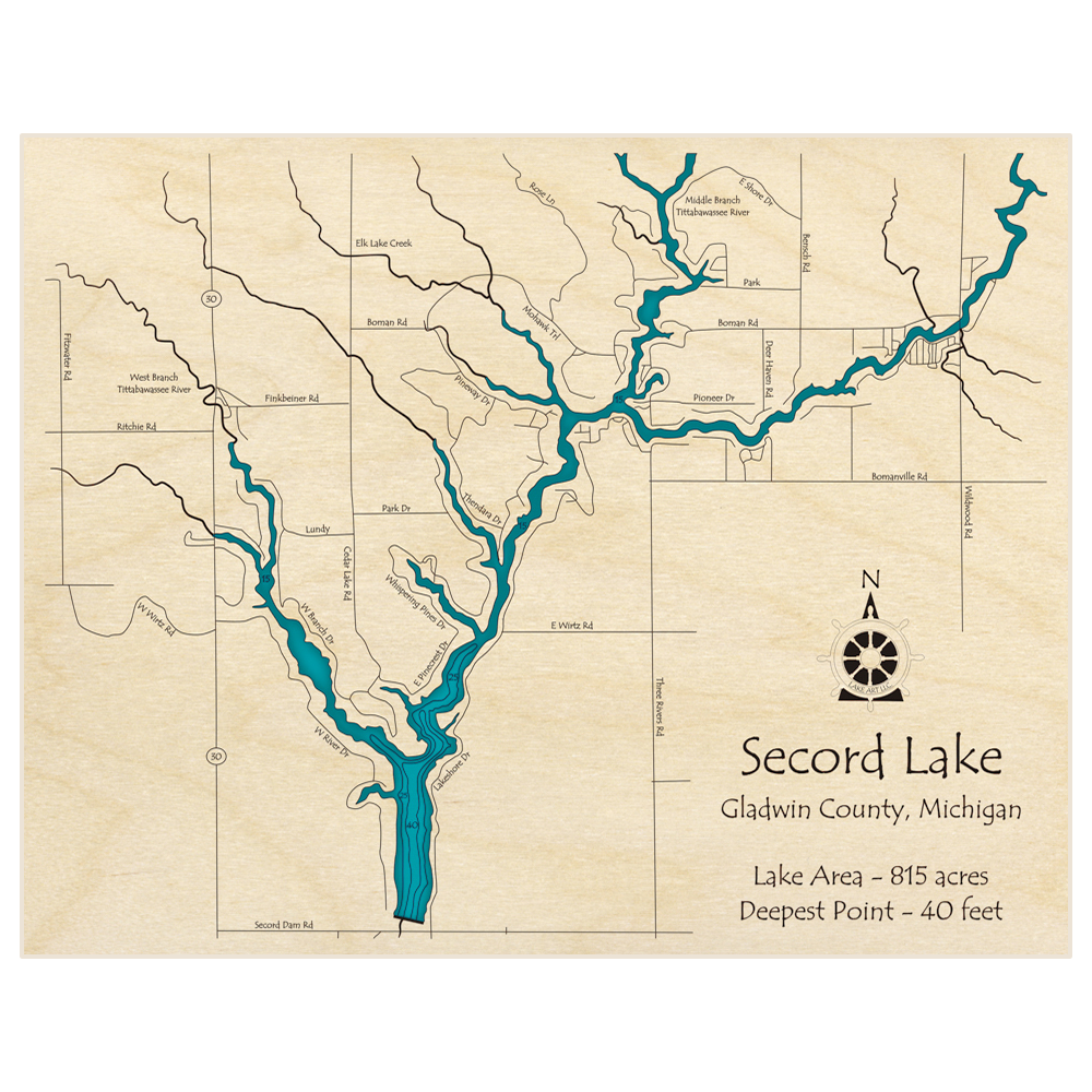 Bathymetric topo map of Secord Lake with roads, towns and depths noted in blue water