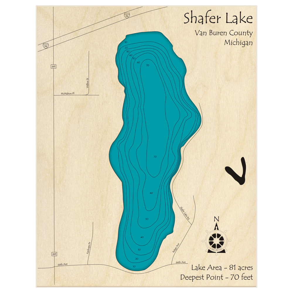 Bathymetric topo map of Shafer Lake with roads, towns and depths noted in blue water