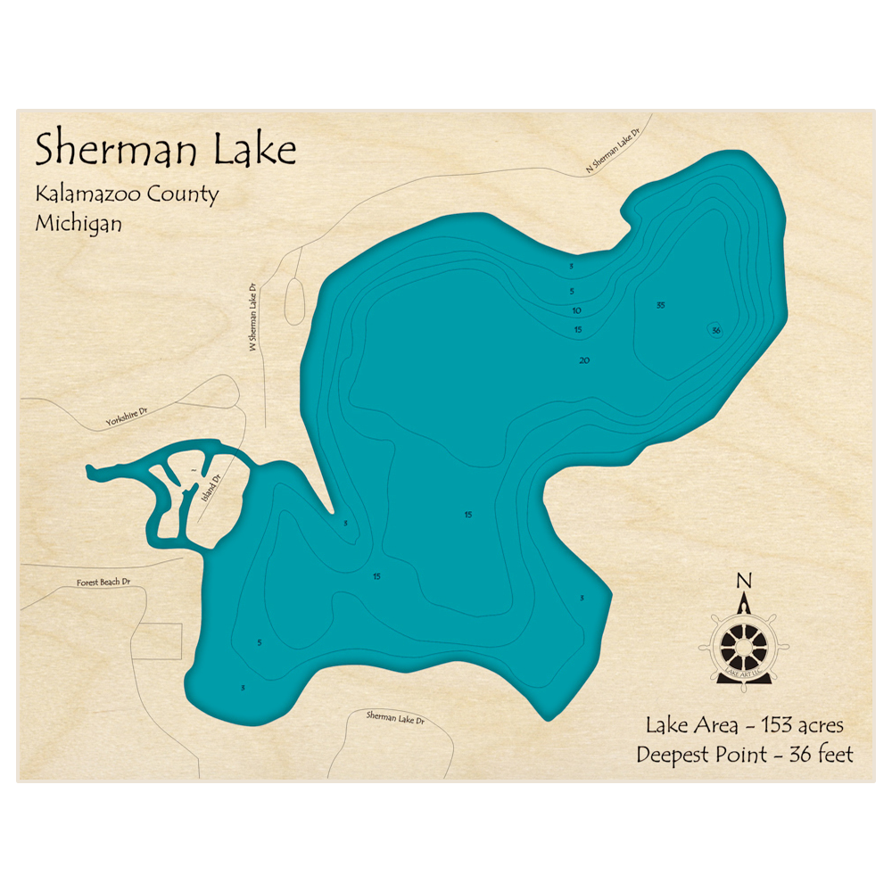 Bathymetric topo map of Sherman Lake with roads, towns and depths noted in blue water