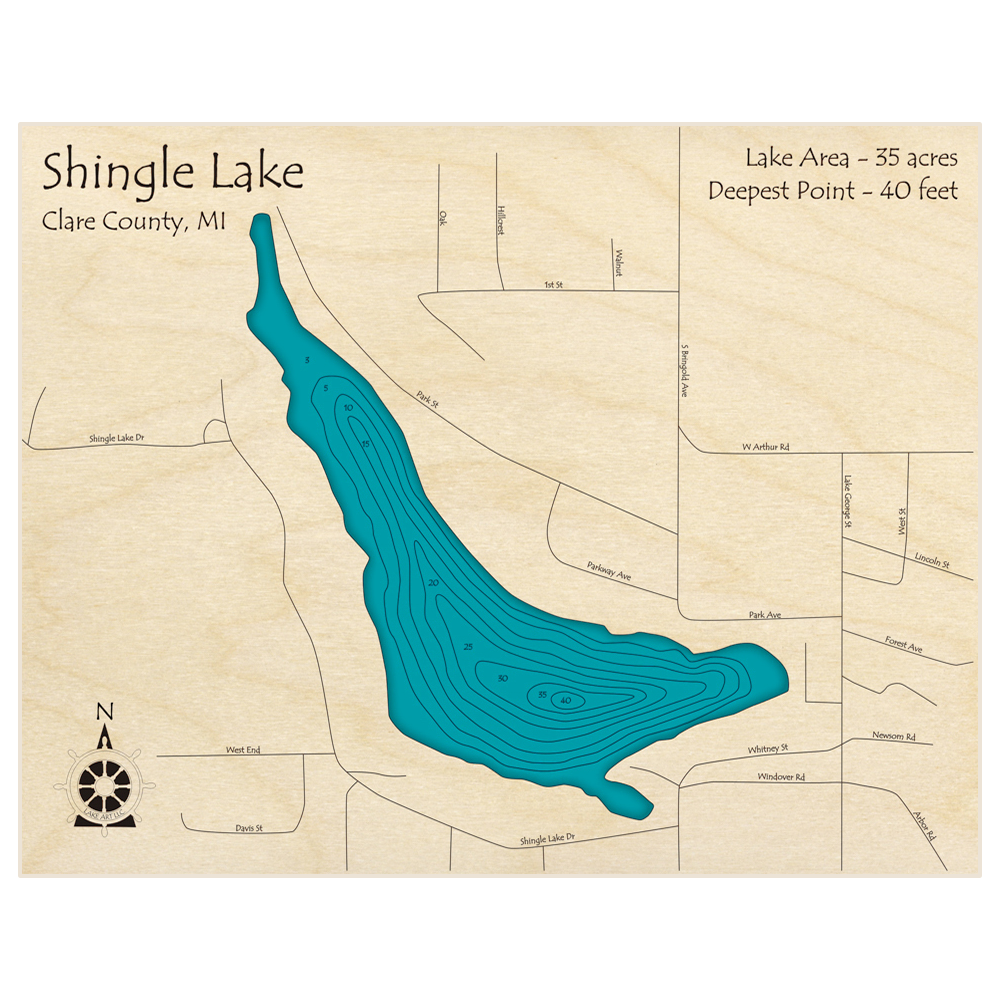 Bathymetric topo map of Shingle Lake with roads, towns and depths noted in blue water