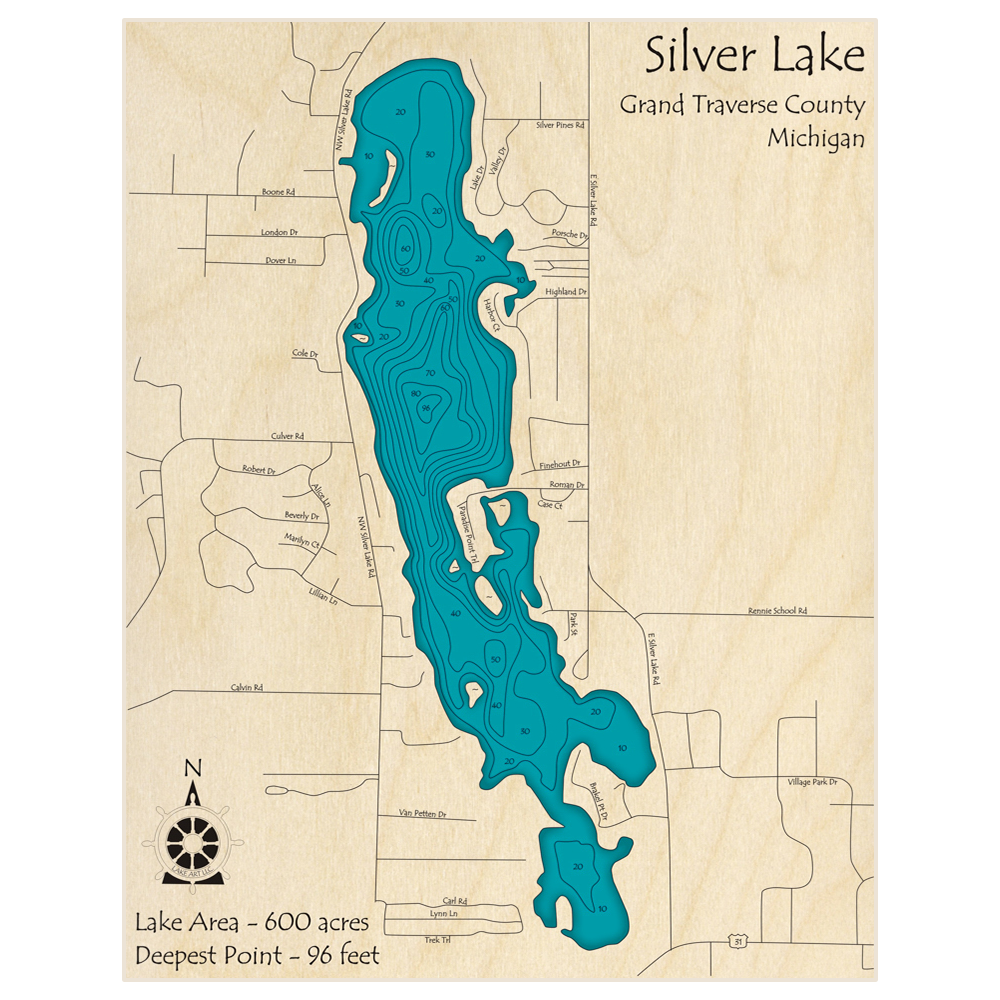 Bathymetric topo map of Silver Lake with roads, towns and depths noted in blue water