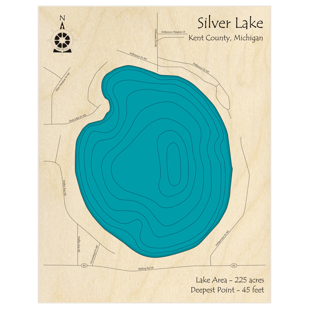 Bathymetric topo map of Silver Lake  with roads, towns and depths noted in blue water