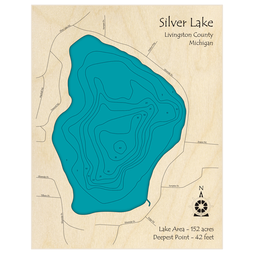 Bathymetric topo map of Silver Lake (zip 48178) with roads, towns and depths noted in blue water