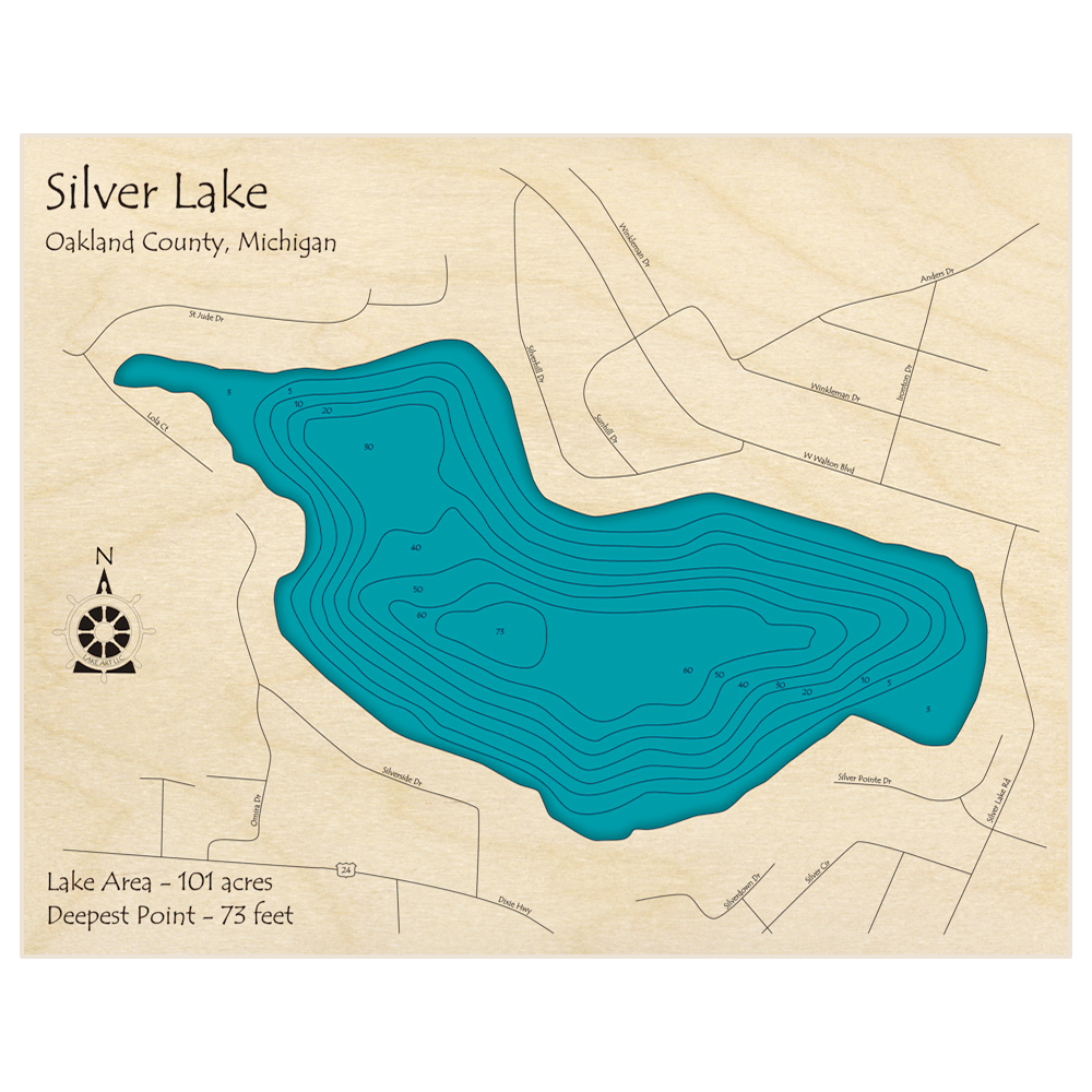 Bathymetric topo map of Silver Lake with roads, towns and depths noted in blue water