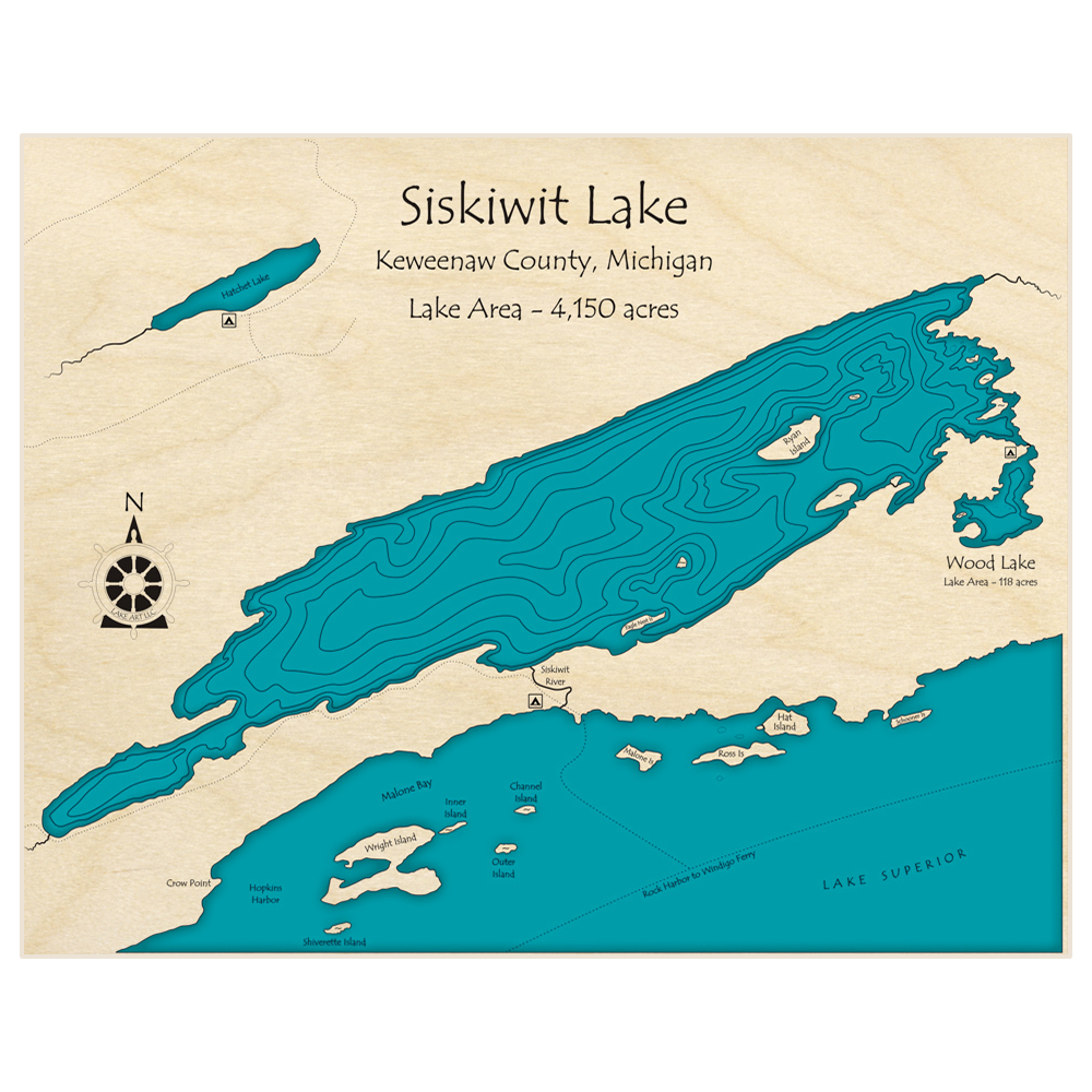 Bathymetric topo map of Siskiwit Lake (w Wood Lake)  with roads, towns and depths noted in blue water