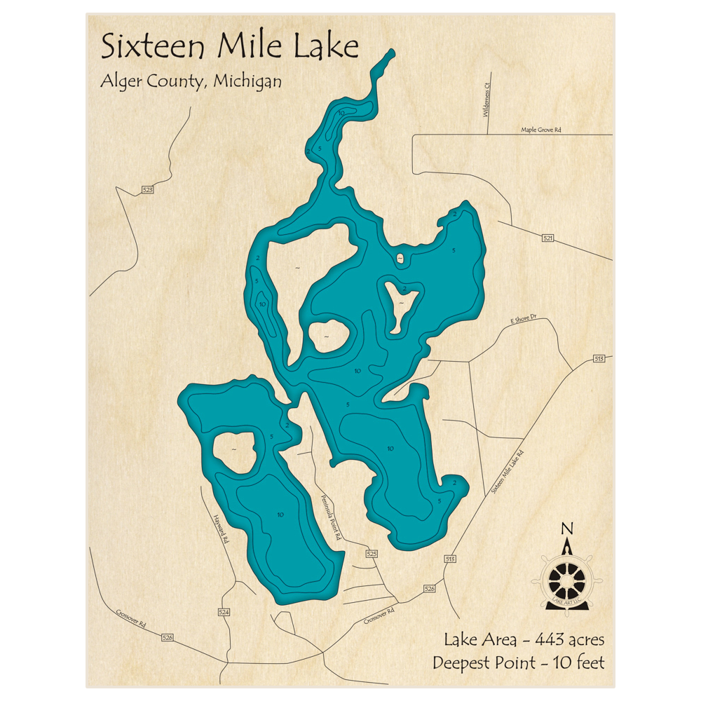 Bathymetric topo map of Sixteen Mile Lake with roads, towns and depths noted in blue water