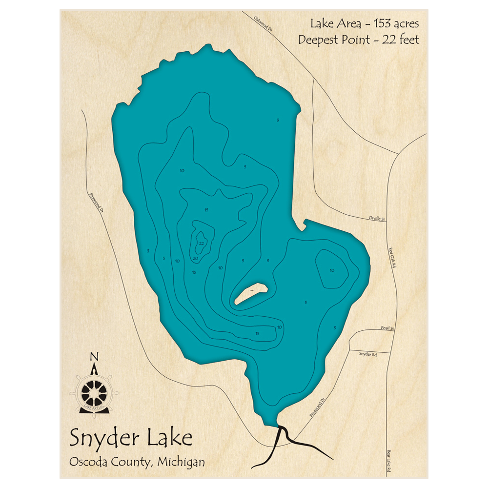 Bathymetric topo map of Snyder Lake with roads, towns and depths noted in blue water