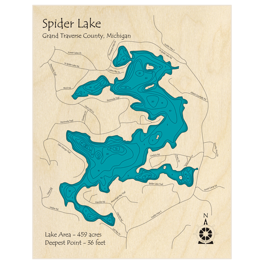 Bathymetric topo map of Spider Lake with roads, towns and depths noted in blue water