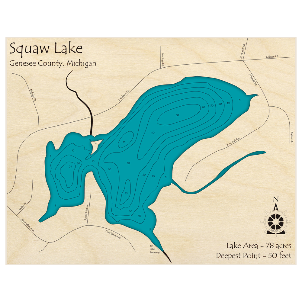 Bathymetric topo map of Squaw Lake with roads, towns and depths noted in blue water