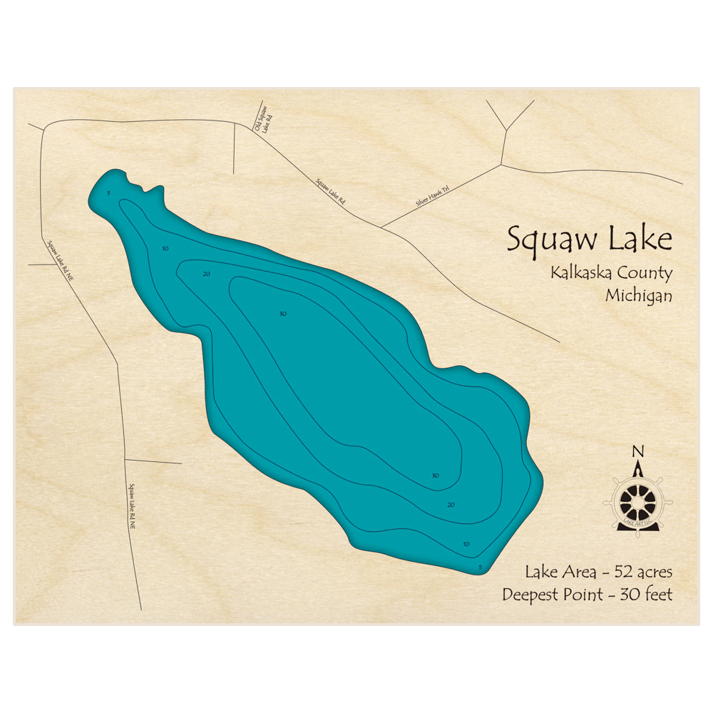 Bathymetric topo map of Squaw Lake with roads, towns and depths noted in blue water