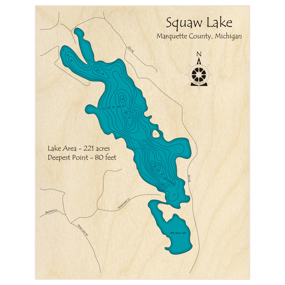 Bathymetric topo map of Squaw Lake with roads, towns and depths noted in blue water