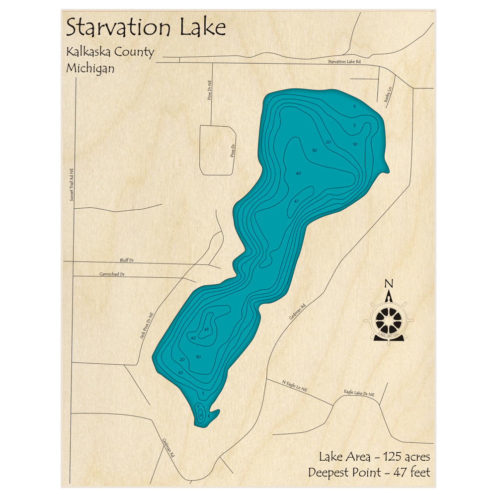 Bathymetric topo map of Starvation Lake with roads, towns and depths noted in blue water