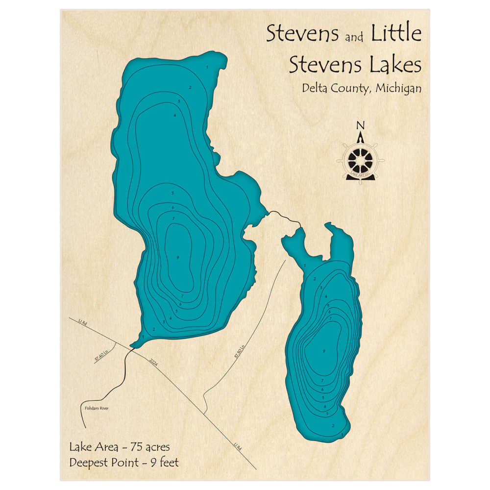 Bathymetric topo map of Stevens Lake with roads, towns and depths noted in blue water