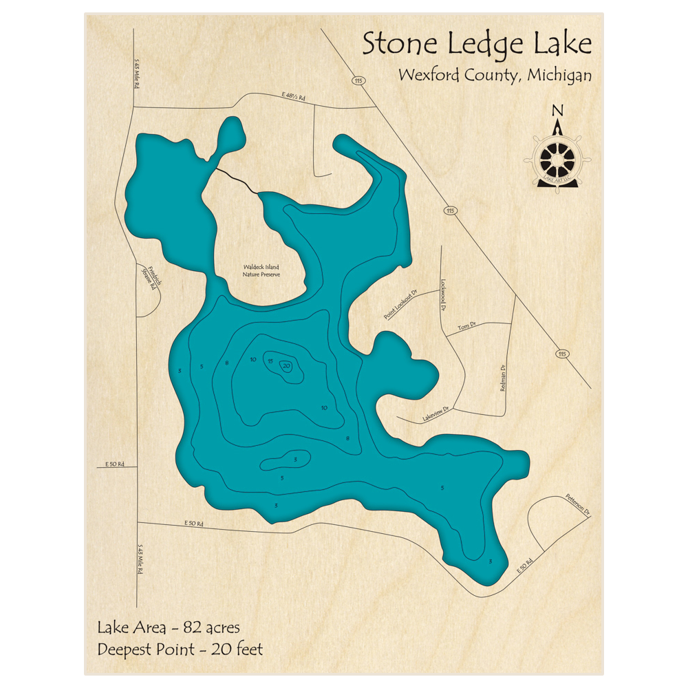 Bathymetric topo map of Stoneledge Lake with roads, towns and depths noted in blue water