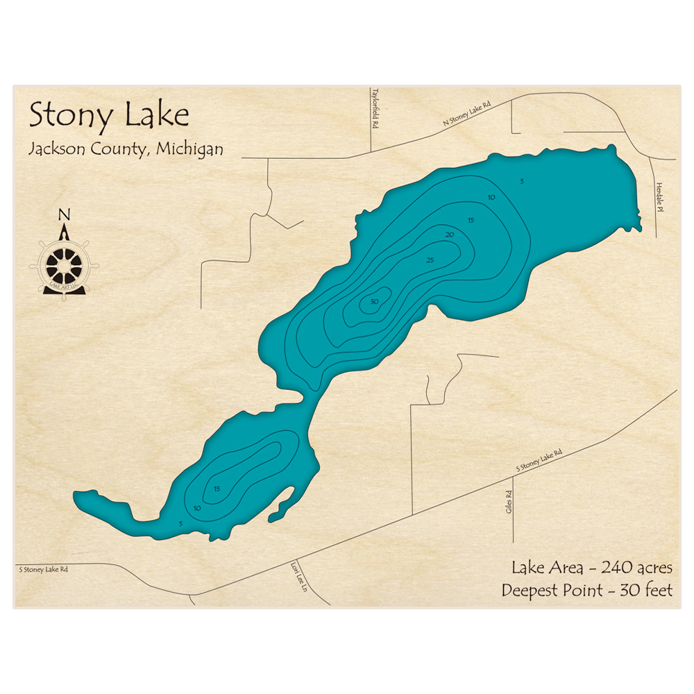 Bathymetric topo map of Stony Lake with roads, towns and depths noted in blue water