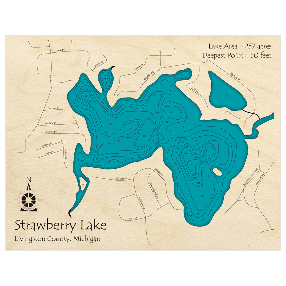 Bathymetric topo map of Strawberry Lake with roads, towns and depths noted in blue water