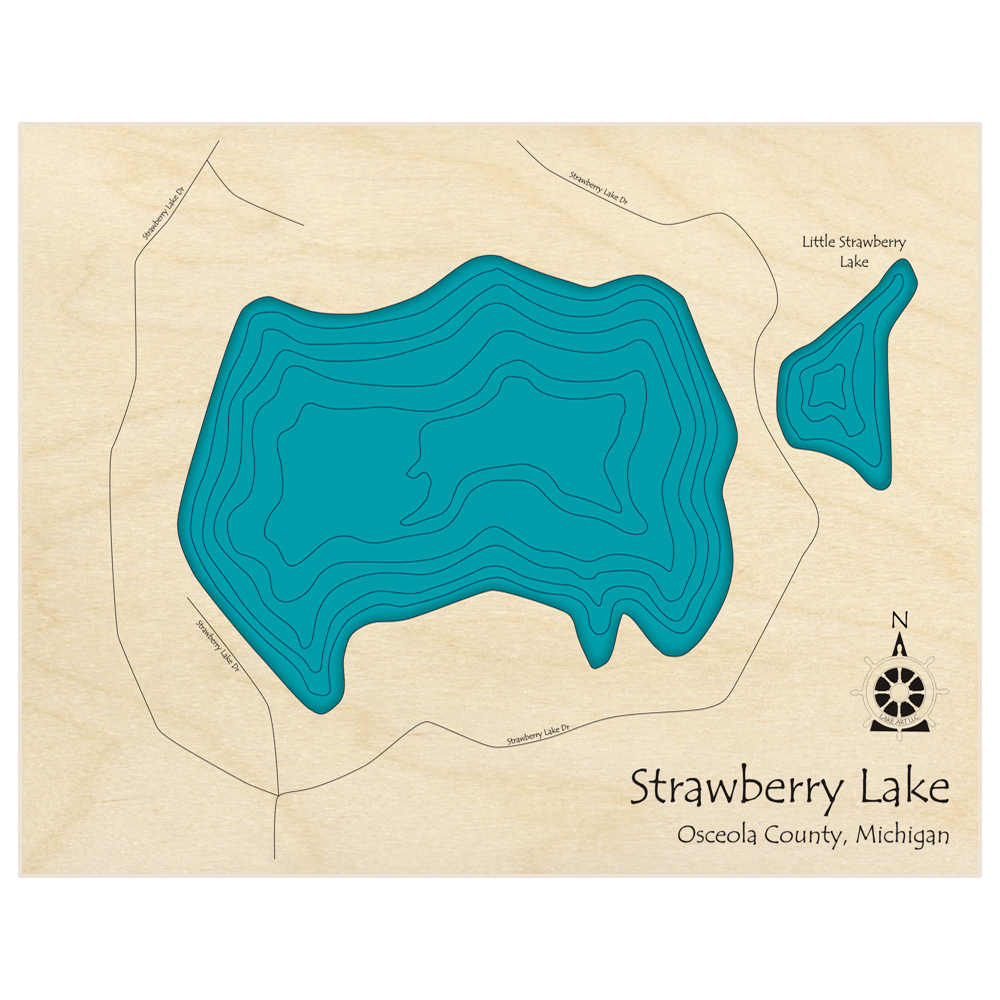 Bathymetric topo map of Strawberry Lake  with roads, towns and depths noted in blue water