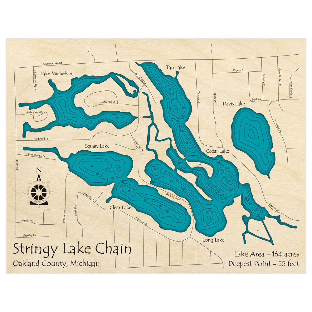 Bathymetric topo map of Stringy Lake Chain with roads, towns and depths noted in blue water