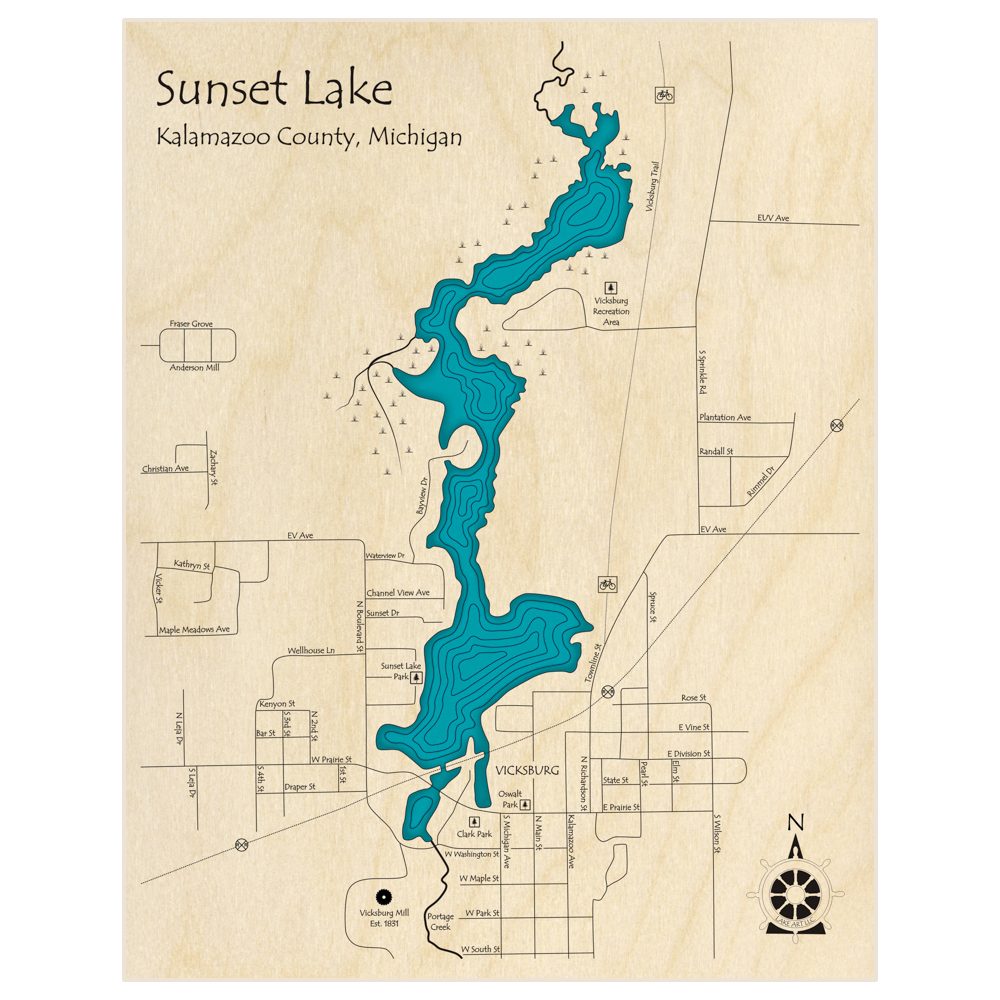 Bathymetric topo map of Sunset Lake  with roads, towns and depths noted in blue water