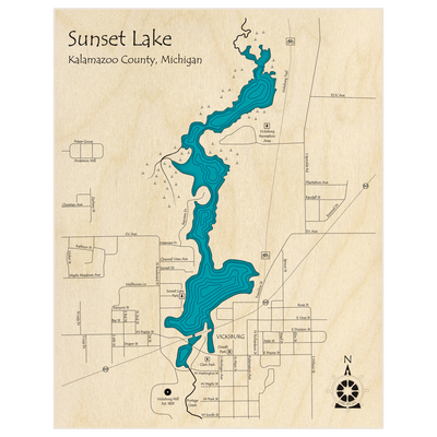 Bathymetric topo map of Sunset Lake  with roads, towns and depths noted in blue water