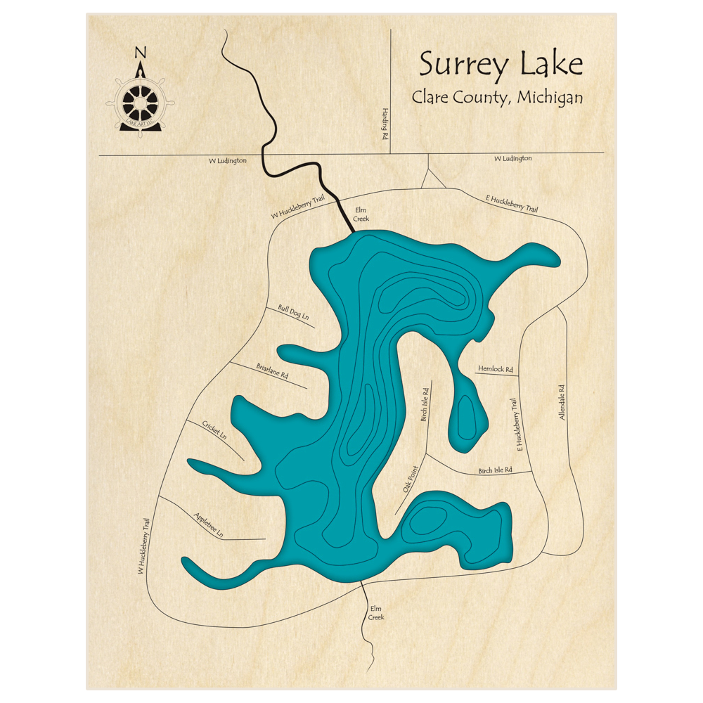 Bathymetric topo map of Surrey Lake  with roads, towns and depths noted in blue water