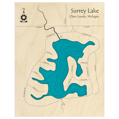 Bathymetric topo map of Surrey Lake  with roads, towns and depths noted in blue water