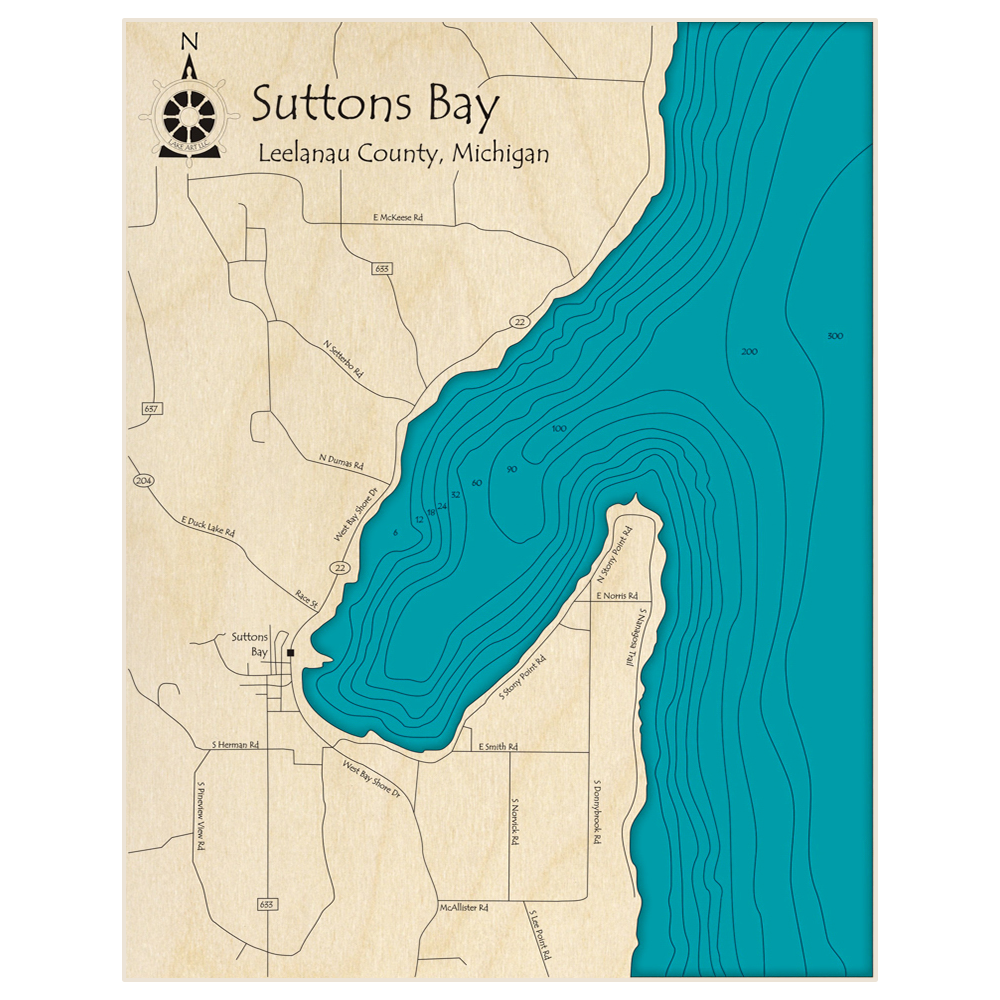 Bathymetric topo map of Suttons Bay with roads, towns and depths noted in blue water