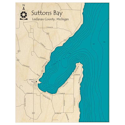 Bathymetric topo map of Suttons Bay with roads, towns and depths noted in blue water