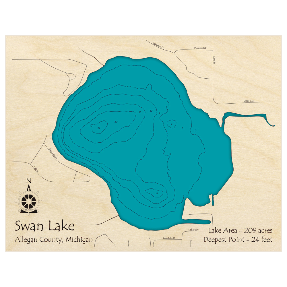 Bathymetric topo map of Swan Lake with roads, towns and depths noted in blue water