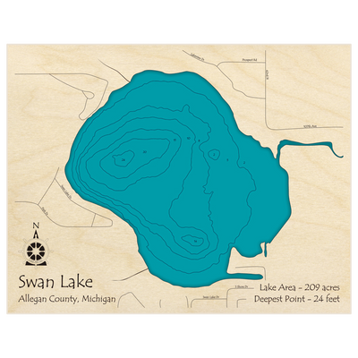 Bathymetric topo map of Swan Lake with roads, towns and depths noted in blue water