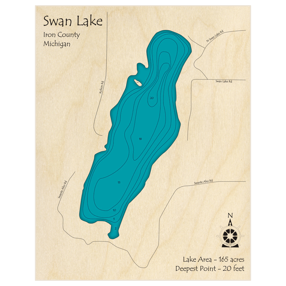 Bathymetric topo map of Swan Lake with roads, towns and depths noted in blue water