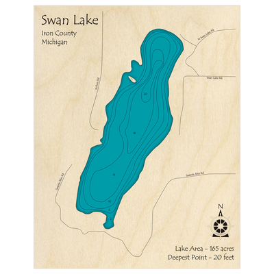 Bathymetric topo map of Swan Lake with roads, towns and depths noted in blue water