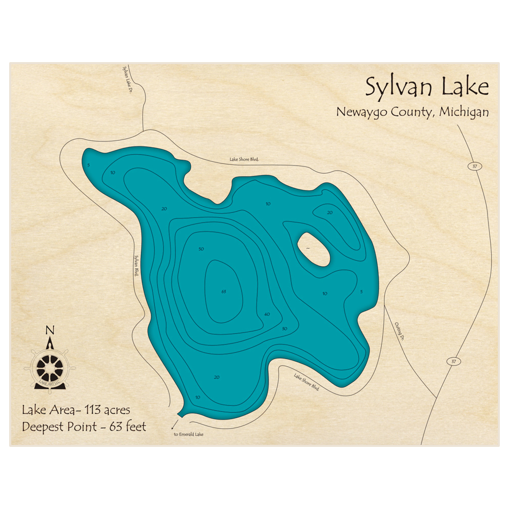 Bathymetric topo map of Sylvan Lake with roads, towns and depths noted in blue water