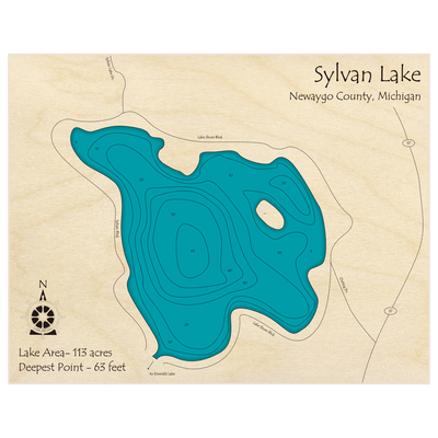 Bathymetric topo map of Sylvan Lake with roads, towns and depths noted in blue water