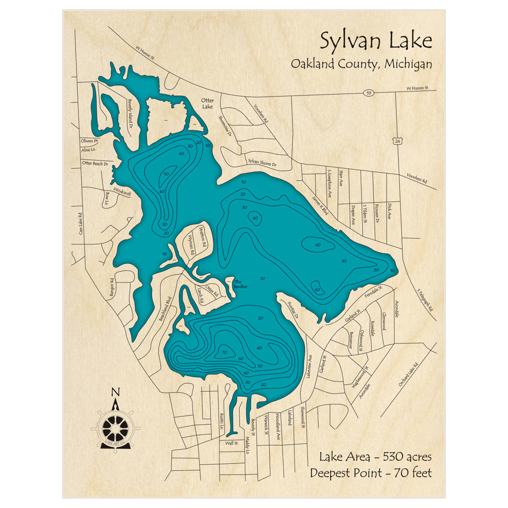 Bathymetric topo map of Sylvan Lake with roads, towns and depths noted in blue water