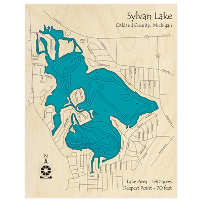 Bathymetric topo map of Sylvan Lake with roads, towns and depths noted in blue water