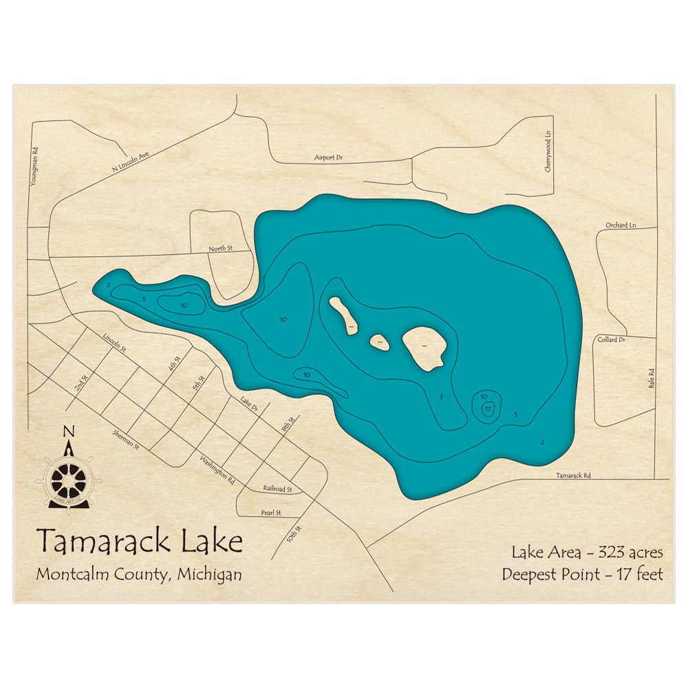 Bathymetric topo map of Tamarack Lake with roads, towns and depths noted in blue water