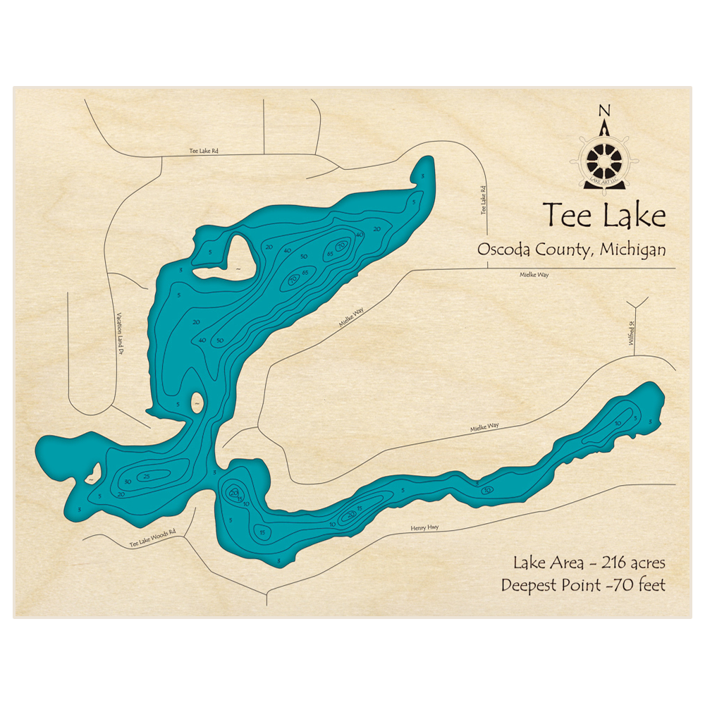 Bathymetric topo map of Tee Lake with roads, towns and depths noted in blue water