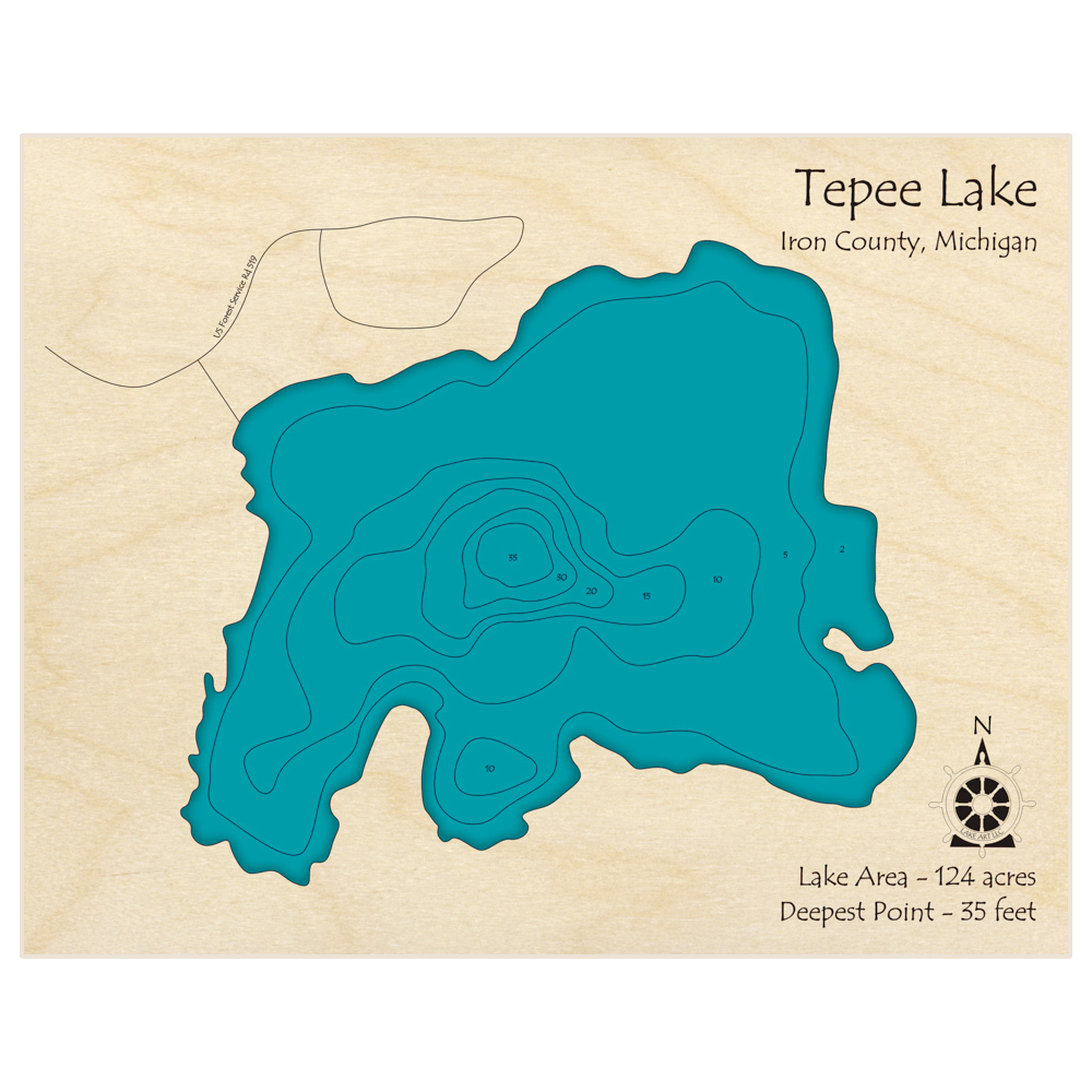 Bathymetric topo map of Tepee Lake with roads, towns and depths noted in blue water