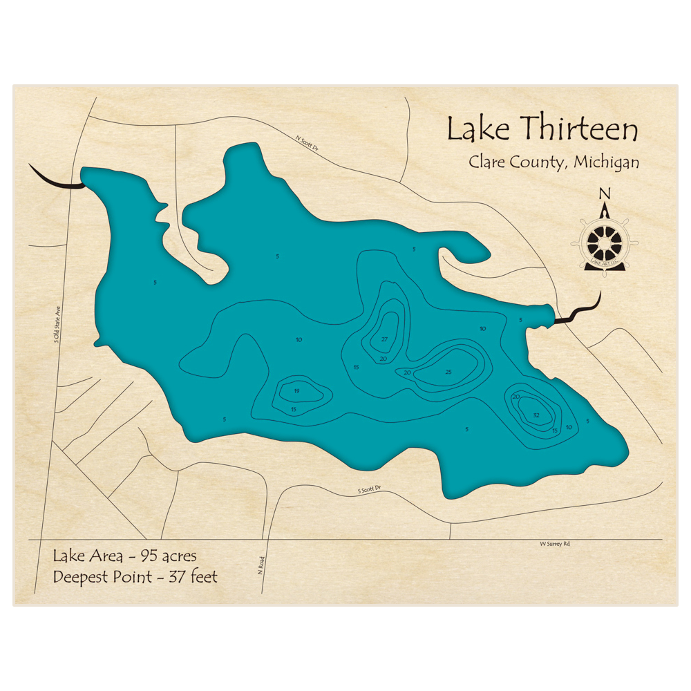 Bathymetric topo map of Lake Thirteen with roads, towns and depths noted in blue water