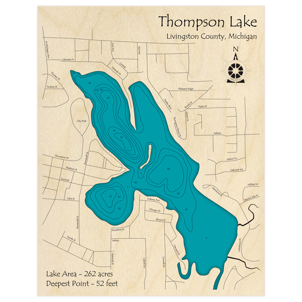 Bathymetric topo map of Thompson Lake with roads, towns and depths noted in blue water