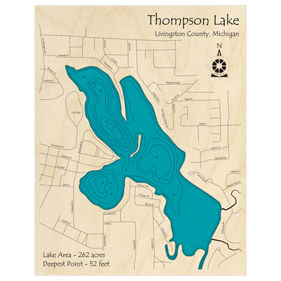 Bathymetric topo map of Thompson Lake with roads, towns and depths noted in blue water