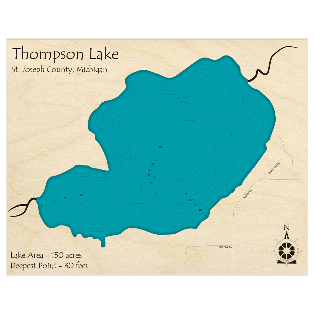 Bathymetric topo map of Thompson Lake with roads, towns and depths noted in blue water