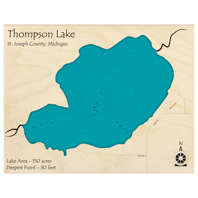 Bathymetric topo map of Thompson Lake with roads, towns and depths noted in blue water