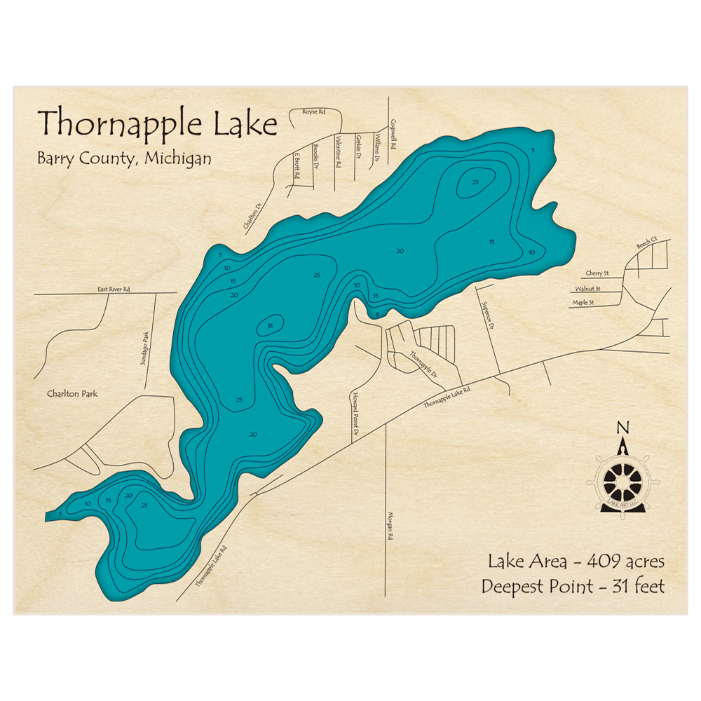 Bathymetric topo map of Thornapple Lake with roads, towns and depths noted in blue water