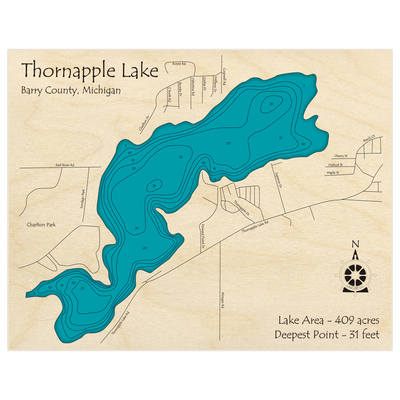 Bathymetric topo map of Thornapple Lake with roads, towns and depths noted in blue water