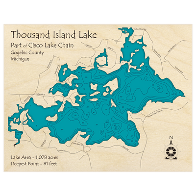 Bathymetric topo map of Thousand Island Lake with roads, towns and depths noted in blue water