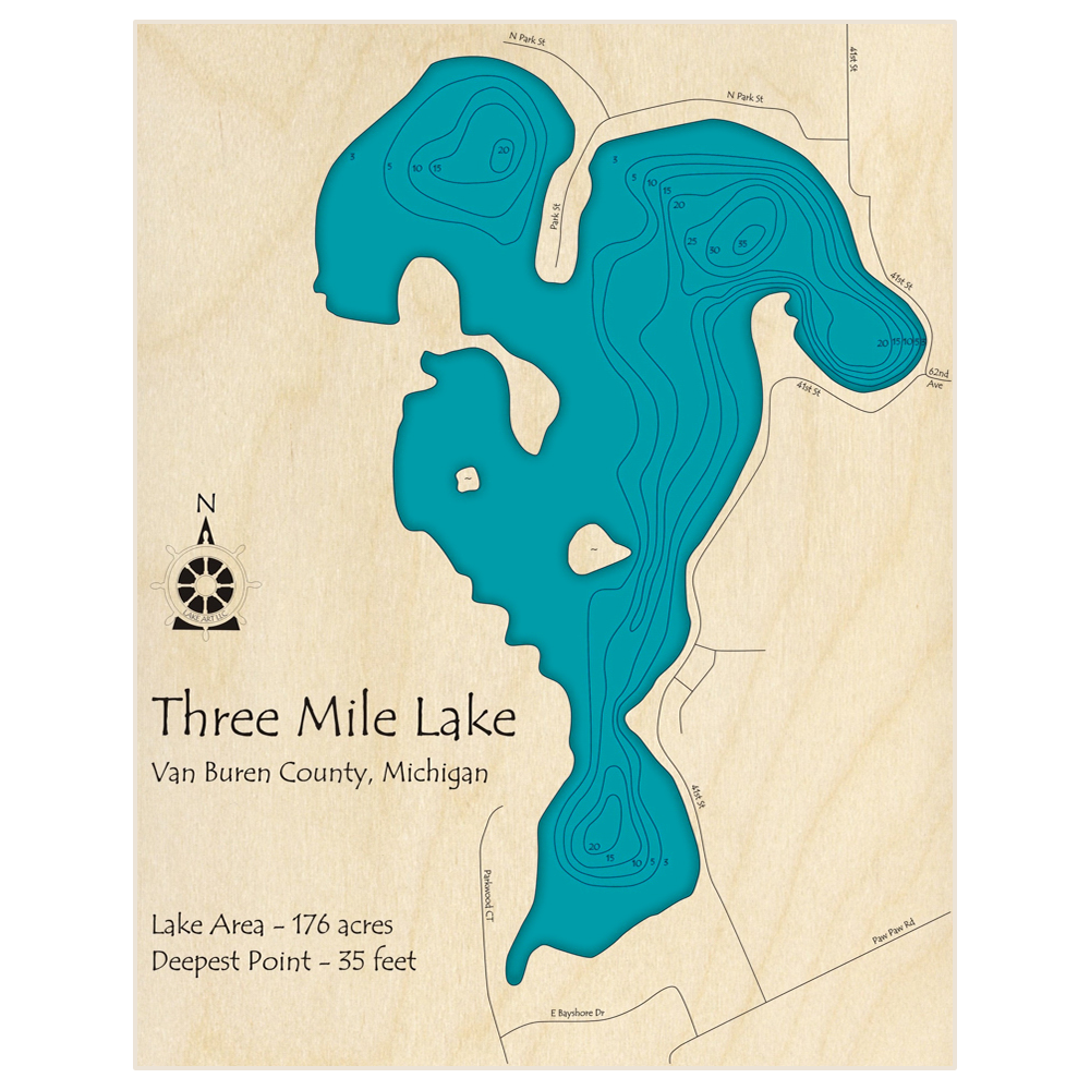 Bathymetric topo map of Three Mile Lake with roads, towns and depths noted in blue water