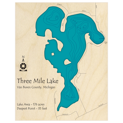 Bathymetric topo map of Three Mile Lake with roads, towns and depths noted in blue water