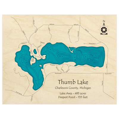 Bathymetric topo map of Thumb Lake with roads, towns and depths noted in blue water